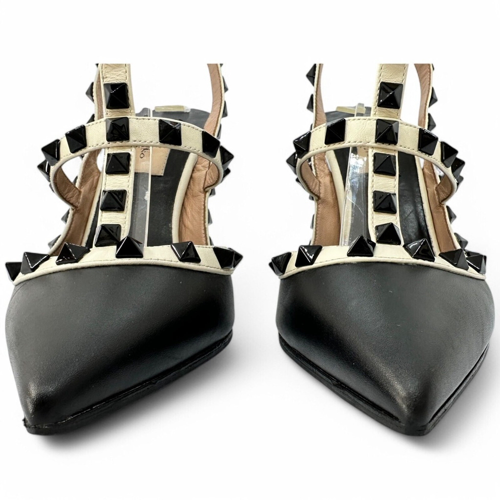 Valentino Rockstud Ankle Strap 100mm Pumps 36.5 Black Light Ivory Leather - Picture 5 of 14